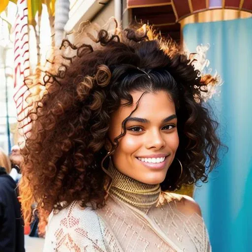 tinakunakey piercing eyes, looking straight, very happy, long natural curly hair, wearing an off-shoulder sweater, choker, closeup portrait, in a outdoor cafe in 2015, afternoon light