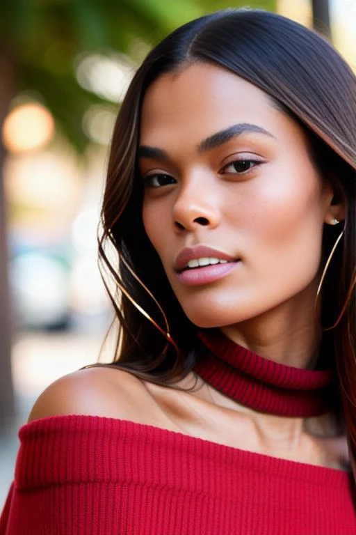 tinakunakey piercing eyes, looking straight, very happy,long hair, wearing an off-shoulder sweater, choker, closeup portrait, in a outdoor cafe in 2015, afternoon light