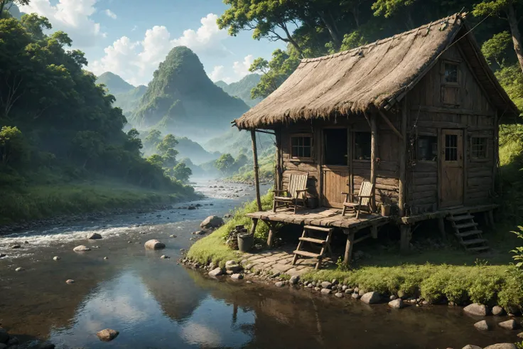 (higher camera:0.5), <lora:xl_more_art-full_v1:0.7> , (best quality:1.5), (intricate emotional details:1.5), sharpen details,  ultra detailed, cinematic lighting,  peaceful shack on the side of a river, empty chair with a fishing pole beside it, anime style