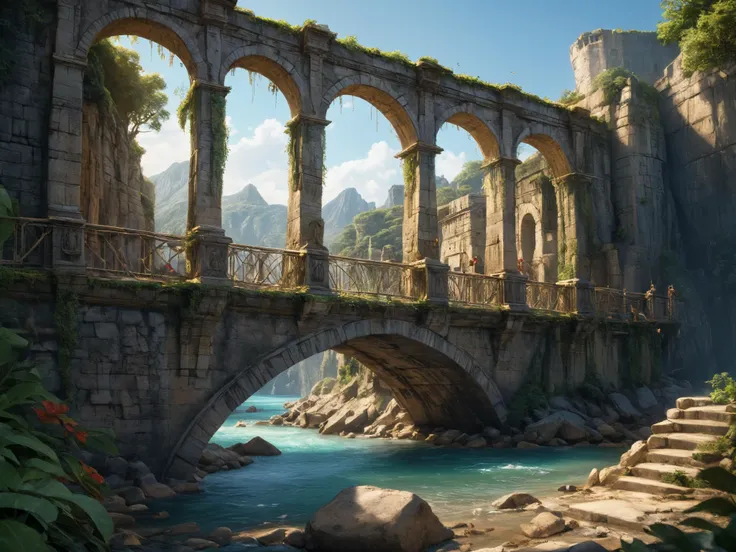 ruins, arks, bridges, masterpiece, best quality, high quality, extremely detailed, day, no humans, award winning illustration, Bokeh, Chromatic Aberration, hyper realistic, hyperrealistic, Intricate, High Detail, dramatic