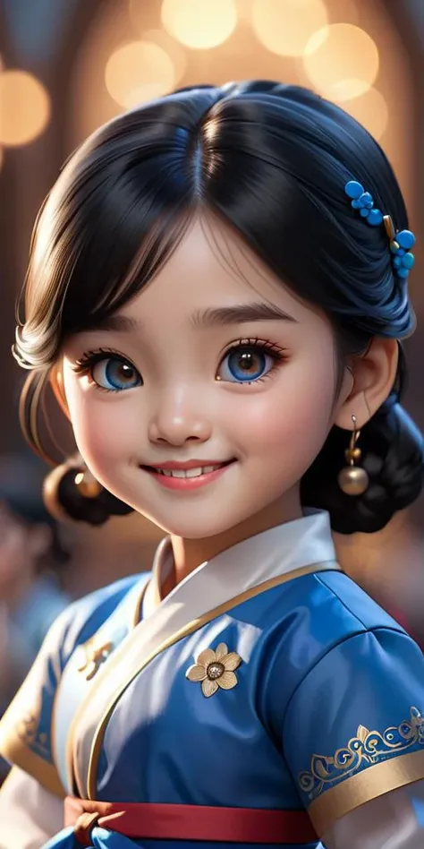 (masterpiece, best quality), intricate details, artstation, wallpaper, official art, splash art, studio background, sharp focus, 1girl jihyoo, cartoon rendering (bokeh) (best quality) (8k) (sharp focus) , black hair,blue hanbok, smile, brown eyes, female focus, solo, full body, baby face, cartoon rendering <lora:baby_face_v1:0.5> <lora:xelor_TwiceJihyo_2.5:1> <lora:last1234:0.7>