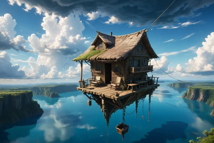 (aerial camera:0.5), <lora:xl_more_art-full_v1:0.7> , best quality, intricate emotional details, sharpen details, ultra detailed, cinematic lighting,  peaceful shack hanging over the abyss, empty chair with a fishing pole beside it, anime style, epic sky clouds