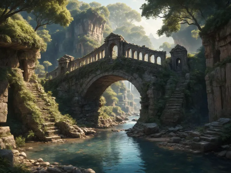 ruins, arks, bridges, masterpiece, best quality, high quality, extremely detailed, day, no humans, award winning illustration, Bokeh, Chromatic Aberration, hyper realistic, hyperrealistic, Intricate, High Detail, dramatic