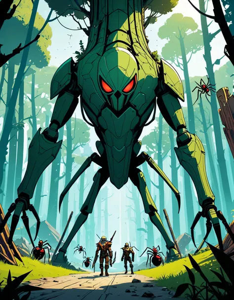 a glorious new world is born, green tree trunks, crawling with ants and spiders, <lora:add-detail-xl:1>, Indie game art, (Vector Art, Borderlands style, Arcane style, Cartoon style), Line art, Disctinct features, Hand drawn, Technical illustration, Graphic design, Vector graphics, High contrast, Precision artwork, Linear compositions, Scalable artwork, Digital art, cinematic sensual, Sharp focus, humorous illustration, big depth of field, Masterpiece, trending on artstation, Vivid colors, trending on ArtStation, trending on CGSociety, Intricate, Low Detail, dramatic, (comic illustration:1.3), (flat colors:1), (hand drawn:1.3)