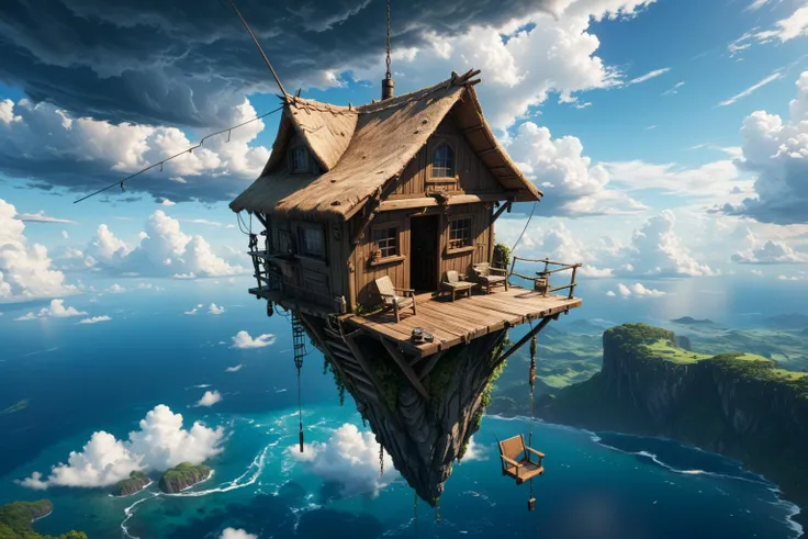 (aerial camera:0.5), <lora:xl_more_art-full_v1:0.7> , best quality, intricate emotional details, sharpen details, ultra detailed, cinematic lighting,  peaceful shack hanging over the abyss, empty chair with a fishing pole beside it, anime style, epic sky clouds