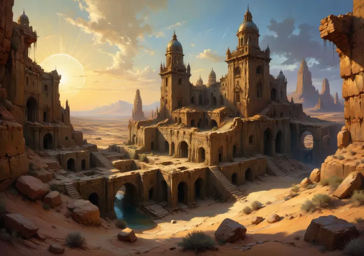 ruins of a huge divine city in the desert, digital painting, masterpiece by rembrandt and mÅbius, james paick, craig mallismo and artgermichael garmash, post apocalyptic, concept art, fantasy art, cinematic backlighting, magical deep shadows, ultra-realism, <lora:LaxpeintXL-2.0:1>