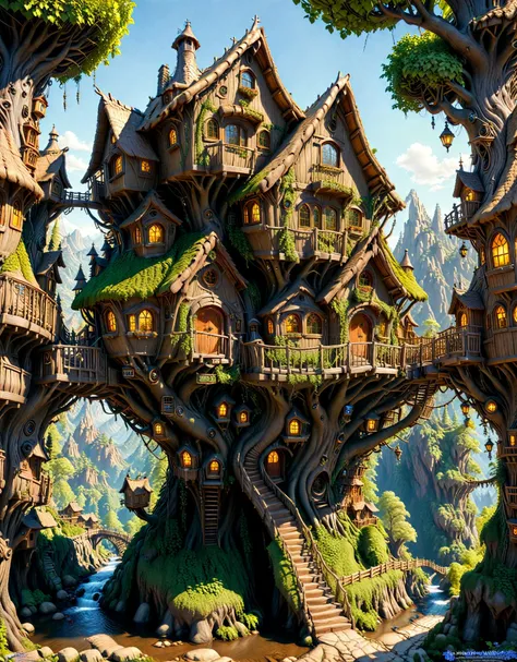 valley, fairytale treehouse village covered, hyper realistic, highly detailed, dynamic lighting, cinematic, realism, realistic, photo real, hdr, daylight time, detailed, centered, michael whelan, oversaturated, <lora:xl_more_art-full_v1:0.7>, <lora:wowifierXL:1>