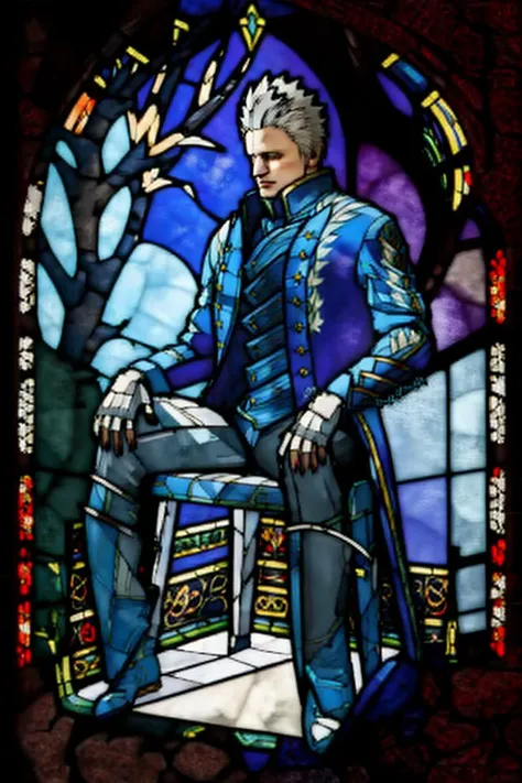 <lora:Stained_Glass_Story-10:1.7> stained_glass, transparent, backlight, <lora:devilMayCry5Vergil_v10:0.8> vergil(dmc5), <lora:Chair-000034:0.8> motivatedchair, 1boy sits on white plastic chair
