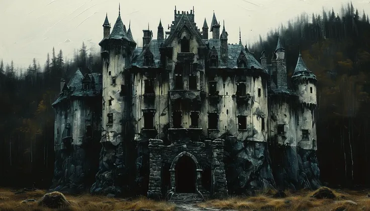 impactful paint of an horror castle <lora:Melting_world:0.8>, highly detailed, 8k, sharp, professional, clear, high contrast, high saturated, , vivid deep blacks, crystal clear