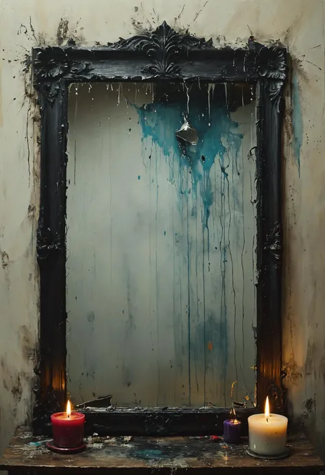 Eerie reflection in cracked, fogged mirror, candle light, <lora:Melting_world:0.8>, <lora:gorgoeus_splash_of_vibrant_paint:0.7> Gorgeous splash of vibrant paint