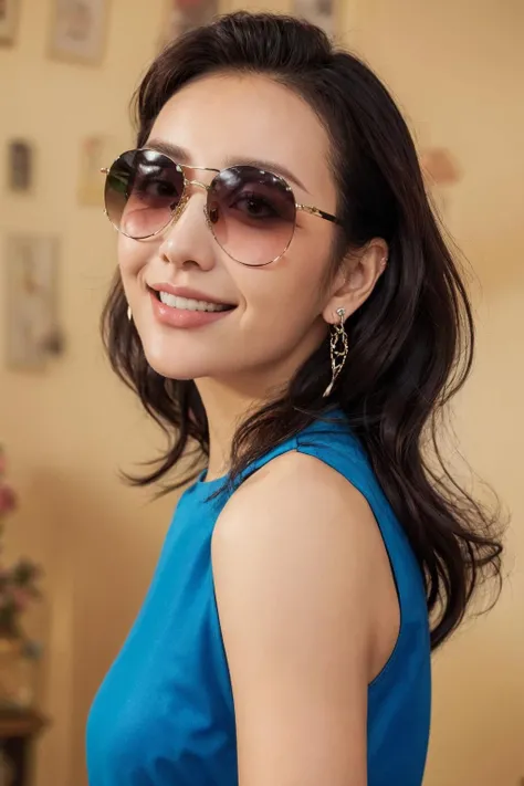 1girl, wangou, solo, fashion clothes, sleeveless, looking at viewer, smile, necklace, earrings, upper body, sunglasses, v,
chinese background,
masterpiece, high quality, highres, realistic, photorealistic,