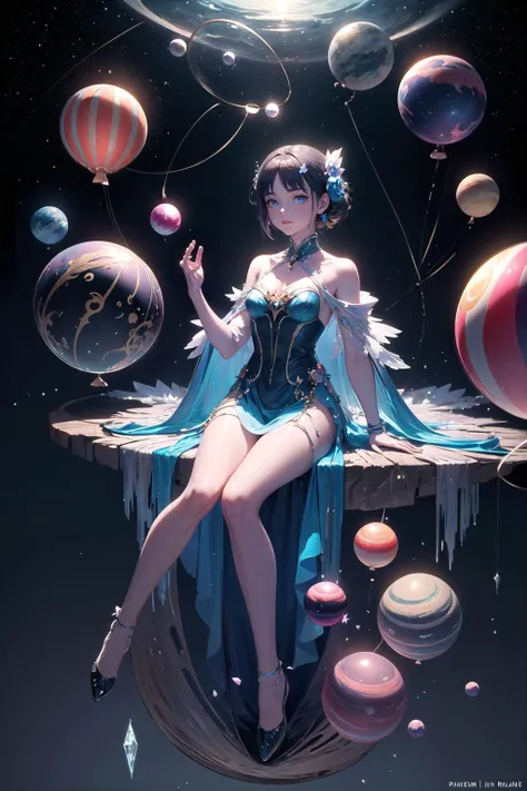 ([balloons:Small planets:0.5]:1.4), (Small_planets inside of balloons:1.4), (lots of colorful Small_planets:1.35) (colorful planets, earth, floating petals, big balloons:1.22), 1 girl, cute face, Full body, sitting, detailed beautiful eyes, bare legs, costume combination, Goddess, perfect body, [nsfw:0.88] (sitting on ice_planet:1.22) (lots of [floting blue Butterflies:floting ice:0.4]:1.22) (detailed light), (an extremely delicate and beautiful), volume light, best shadow,cinematic lighting, Depth of field, dynamic angle, Oily skin --auto --s2