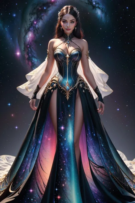 full body image, solo beautiful American brunette bombshell, very long curled hair, perfect face, glittery movie star makeup, wearing a long flowing dress of colors of a vibrant galaxy and bold nebula, goddess of the galaxy, magical, vibrant nebula colors, in a gorgeous, colorful, vibrant space setting, the atmosphere is magical and full of colorful sparkles