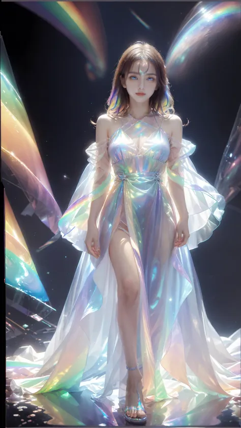 masterpiece, best quality,highres, 1girl, tallï¼long hair, Transparent, see-through, looking at viewer, organza night dress, perfect cut, holographic plastic, liulixl, iridescence,clean face, full body, <lora:liulixl:1>,  <lora:SDXLFaeTastic2400:0.7>