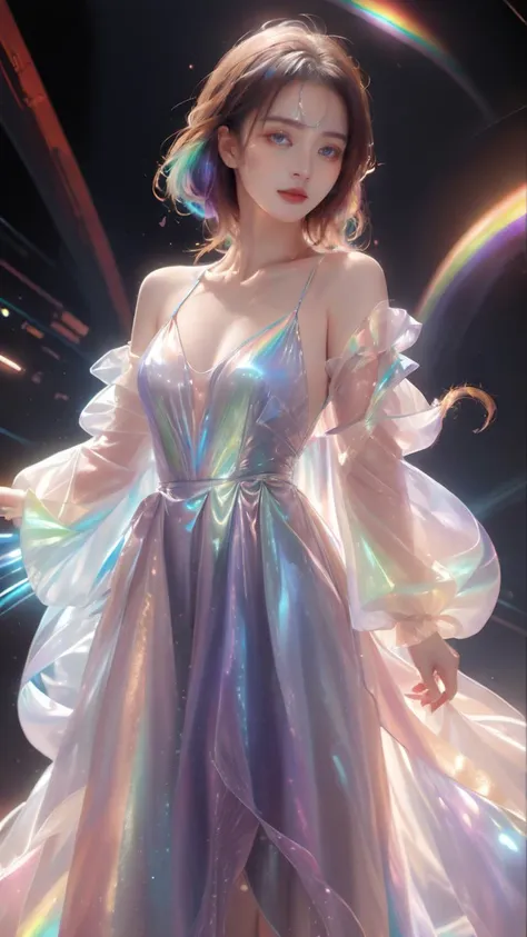 masterpiece, best quality,highres, 1girl, tallï¼long hair, Transparent, see-through, looking at viewer, organza night dress, perfect cut, holographic plastic, liulixl, nubela, iridescence,clean face, (full body:1.3), <lora:liulixl:1>, <lora:SDXLFaeTastic2400:0.7>,
A beautiful woman wearing a shiny, iridescent gown, with transparent sleeves. The gown has a holographic, rainbow-like sheen. She stands in a futuristic setting with soft, glowing lights in the background. The atmosphere is dreamy and ethereal, with delicate light effects enhancing the magical feel. Detailed, high-quality rendering, with a focus on the shimmering textures of the gown and the serene expression on her face.