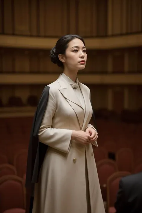 3. "Female symphony conductor (ethnicity: East Asian, age: mid-40s) at a grand concert hall (setting: opulent, acoustically perfect). She's in an elegant black tailcoat (fabric: silk, tailored) with her hair styled in a sophisticated updo, and makeup that's classic and commanding. She's directing an orchestra (action: dynamic, authoritative), her stance powerful and graceful, with the backdrop of an attentive, world-class ensemble and an engaged audience."