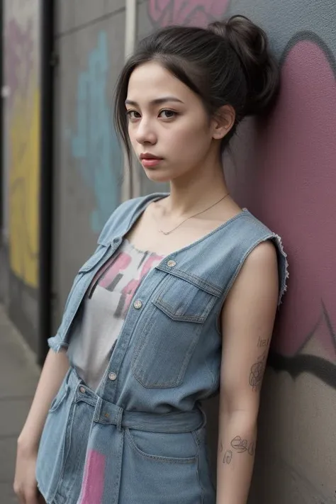 8. Female street artist (ethnicity: Mixed race, age: early 20s) in an urban alley (setting: graffiti-covered, vibrant). She's in casual, edgy attire (fabric: denim, layered) with her hair in a messy bun, and bold, artistic makeup. She's painting a large mural (style: colorful, expressive), her expression focused and creative.