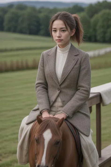 9. Female equestrian (ethnicity: White, age: mid-20s) in a rustic stable (setting: countryside, dawn). She's wearing traditional riding attire (fabric: tweed, fitted) with her hair in a low ponytail, and minimal, natural makeup. She's grooming a horse (breed: thoroughbred), her posture gentle and caring.