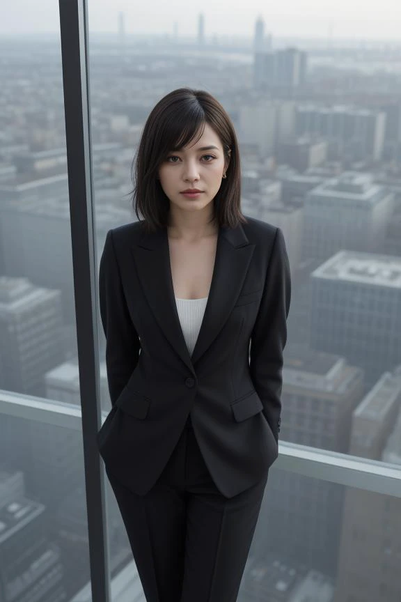 4. Female executive (ethnicity: Black, age: 40s) in a high-rise office (setting: modern, overlooking a cityscape). She's in a sharp business suit (fabric: fine wool, tailored) with her hair styled in a sleek bob, and professional makeup. She's looking out the window (view: sprawling city below), her pose powerful and contemplative.