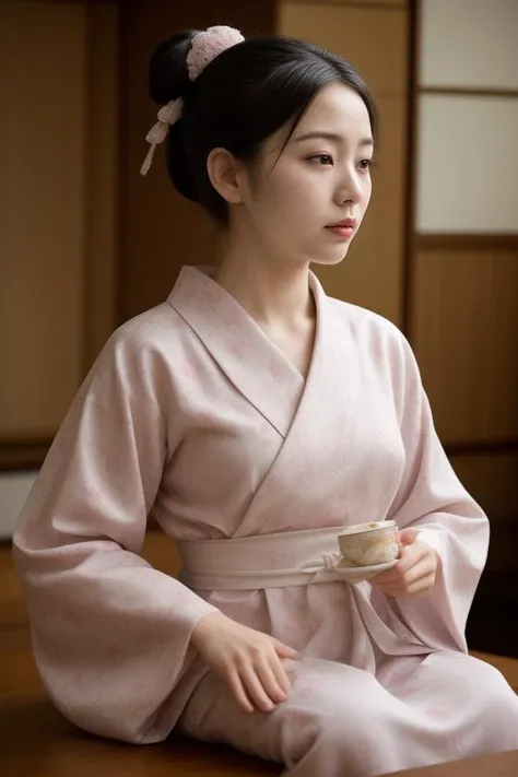 2. Elderly woman (ethnicity: East Asian, age: 80s) in a traditional tea house (setting: serene, Japanese style). She's wearing a classic kimono (fabric: silk, floral pattern) with her hair neatly styled in a traditional bun, and subtle, elegant makeup. She's performing a tea ceremony (detail: graceful, precise movements), her expression peaceful and experienced.