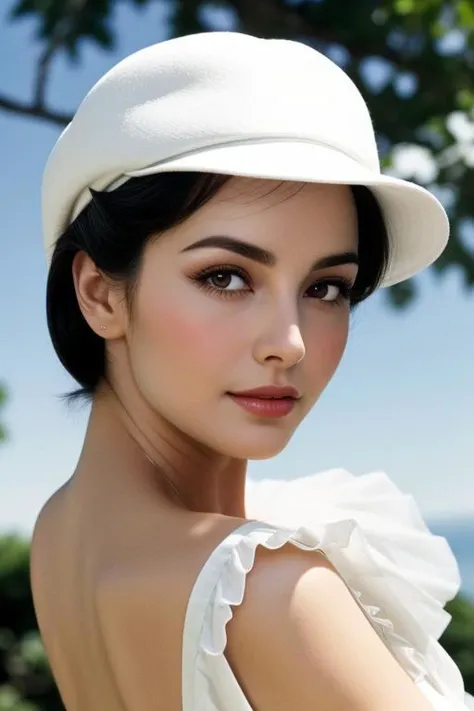 Cyd Charisse with white cap leaning against a tree, perfecteyes eyes, <lora:lora_perfecteyes_v1_from_v1_160:1>