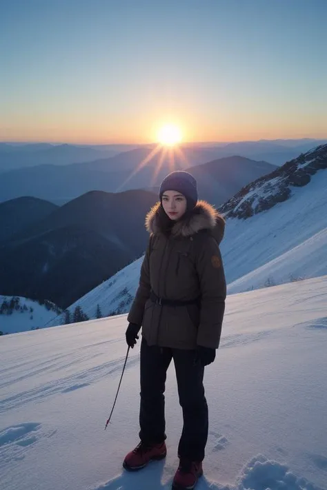 1. Female mountain climber (ethnicity: Caucasian, age: 30s) at the peak of a snow-covered mountain (setting: majestic, sunrise). She's wearing specialized climbing gear (fabric: insulated, weatherproof), with ice axes and safety ropes. Her hair is under a thermal beanie, and she has protective, minimal makeup. She's looking out over a breathtaking view (scenery: panoramic, snowy landscape), her pose triumphant and exhilarated.