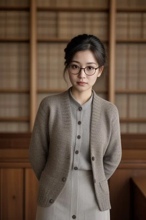 9. Female librarian (ethnicity: East Asian, age: 50s) in an old, grand library (setting: historic, book-filled). She's in a classic cardigan and skirt (fabric: wool, plaid) with her hair in a neat updo, and soft, intellectual makeup. She's categorizing ancient books (action: careful, knowledgeable), her expression serene and focused.