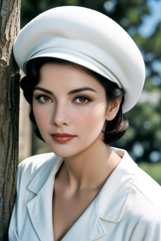 Cyd Charisse with white cap leaning against a tree, perfecteyes eyes, <lora:lora_perfecteyes_v1_from_v1_160:1>