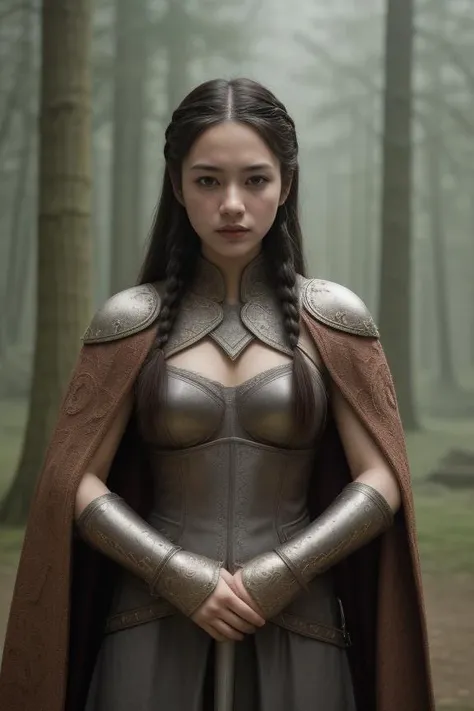 6. A female medieval warrior (ethnicity: White, age: mid-20s) in a misty, ancient forest (setting: mystical, dawn). She's clad in detailed leather armor (design: ornate, practical) with a long, flowing cape. Her hair is styled in intricate braids suitable for battle, and her face is marked with subtle war paint. She's wielding a sword (style: historical, embellished) with a fierce and determined expression, surrounded by ancient trees and soft, early morning light.