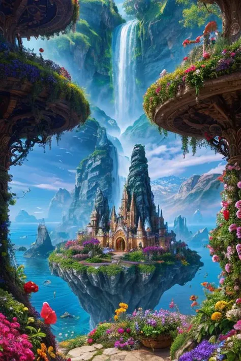 In the virtual world, a fantastical realm unfolds before your eyes: a whimsical escape room crafted with outstanding creativity, depicted in an extraordinary concept art painting. The main subject of this mesmerizing image is an intricate floating island, adorned with vibrant flora and cascading waterfalls. The island is enveloped in an ethereal mist, giving it an otherworldly aura. The meticulous attention to detail is evident in the intricate carvings on the island's architecture, the brilliant array of colors that bring every element to life, and the seamless blending of magical elements into the scene. This breathtaking artwork immerses viewers in a realm of enchantment, promising an unforgettable virtual experience. <lora:DETAIL_SLIDER_BY_STABLE_YOGI:0.7>, epiCPhoto