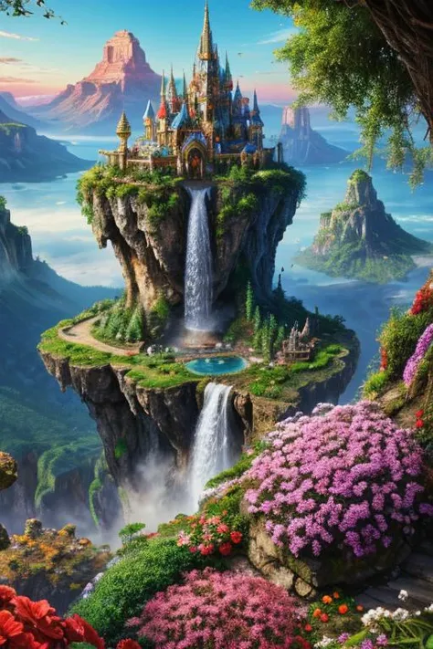 In the virtual world, a fantastical realm unfolds before your eyes: a whimsical escape room crafted with outstanding creativity, depicted in an extraordinary concept art painting. The main subject of this mesmerizing image is an intricate floating island, adorned with vibrant flora and cascading waterfalls. The island is enveloped in an ethereal mist, giving it an otherworldly aura. The meticulous attention to detail is evident in the intricate carvings on the island's architecture, the brilliant array of colors that bring every element to life, and the seamless blending of magical elements into the scene. This breathtaking artwork immerses viewers in a realm of enchantment, promising an unforgettable virtual experience. <lora:DETAIL_SLIDER_BY_STABLE_YOGI:0.7>, epiCPhoto