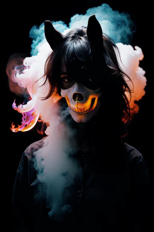portrait of a black transparent ghost horse, glowing skull, covered in smoke, high contrast horror LUT