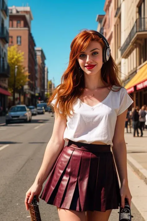 A solo redhead woman, with blue eyes and long hair styled on one side up, is captured in a photo flirting to the camera while holding an electric guitar, wearing a black skirt and pleated skirt, while wearing headphones and showcasing her mesmerizing red lips.