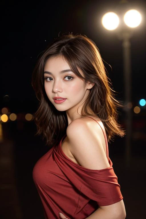 a 20 yo girl, beautiful, cute, alluring, in-love, blushed, mid-long light brown hair, loose shirt, perky, medium breasts, party background, de-saturated background, bokeh, dark theme, soothing tones, muted colors, high contrast, natural skin texture, hyper-realism, soft light, sharp, artistic photo-shoot, naked shoulders, red cloth hides breasts, sfw:1