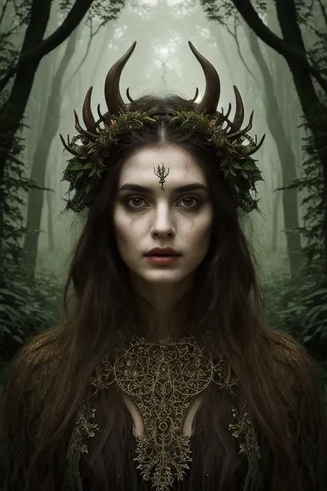 woman in a mythical forest, masterpiece, perfect face, intricate details, horror theme