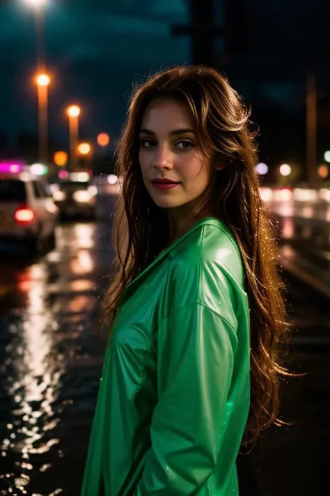 photo of a woman. neon lights, late at night, in the rain, very long brown wet hair, cinematic, shallow depth of field, extremely detailed