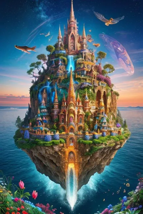 In the virtual world, a fantastical realm unfolds before your eyes: a whimsical escape room crafted with outstanding creativity, depicted in an extraordinary concept art painting. The main subject of this mesmerizing image is an intricate floating island, adorned with vibrant flora and cascading waterfalls. The island is enveloped in an ethereal mist, giving it an otherworldly aura. The meticulous attention to detail is evident in the intricate carvings on the island's architecture, the brilliant array of colors that bring every element to life, and the seamless blending of magical elements into the scene. This breathtaking artwork immerses viewers in a realm of enchantment, promising an unforgettable virtual experience. <lora:DETAIL_SLIDER_BY_STABLE_YOGI:0.7>, epiCPhoto