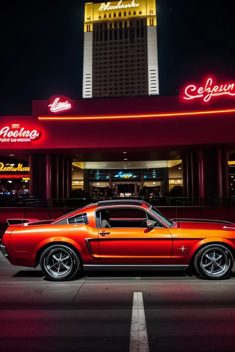Photo of a classic red mustang car parked in las vegas strip at night,8k uhd,high quality,film grain,Fujifilm XT3,
<lora:Detail Slider V2 By Stable :0.4>