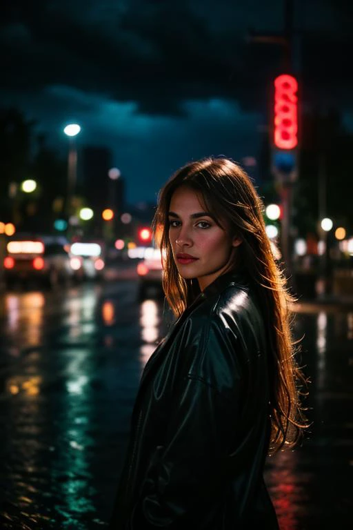 photo of a woman. neon lights, late at night, in the rain, very long brown wet hair, cinematic, shallow depth of field, extremely detailed