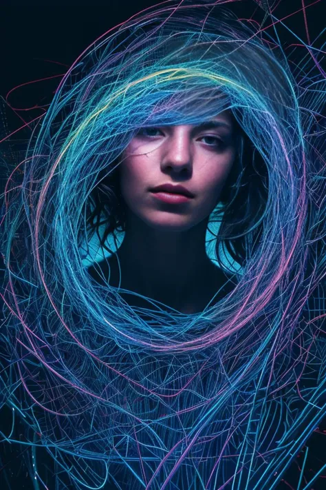 (8k, RAW photo, highest quality), Abstract style mysterious figure emerges from the shadows in a tangled mess of iridescent wires and glowing mesh, face hidden behind layers of glitched wavy distortions, non-representational, colors and shapes, expression of feelings, imaginative, highly detailed
<lora:Detail Slider V2 By Stable :0.4>