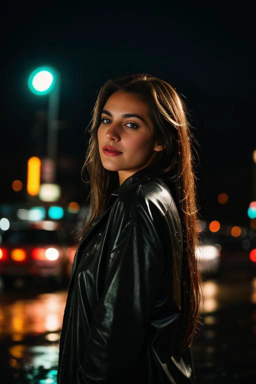 photo of a woman. neon lights, late at night, in the rain, very long brown wet hair, cinematic, shallow depth of field, extremely detailed