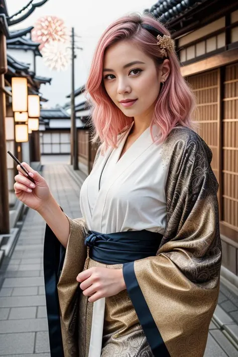(best quality, masterpiece, colorful, dynamic angle, highest detailed) Realistic photo, fashion photography of a cute European girl with iridiscent pink hair, flirting with POV, in traditional japanese gold&black kimono, ultra detailed kimono textures, perfect night, kyoto, fireworks, (intricate details, hyperdetailed:1.15), detailed, moonlight passing through hair, (official art, extreme detailed, highest detailed), HDR+
<lora:Detail Slider V2 By Stable :0.4>
