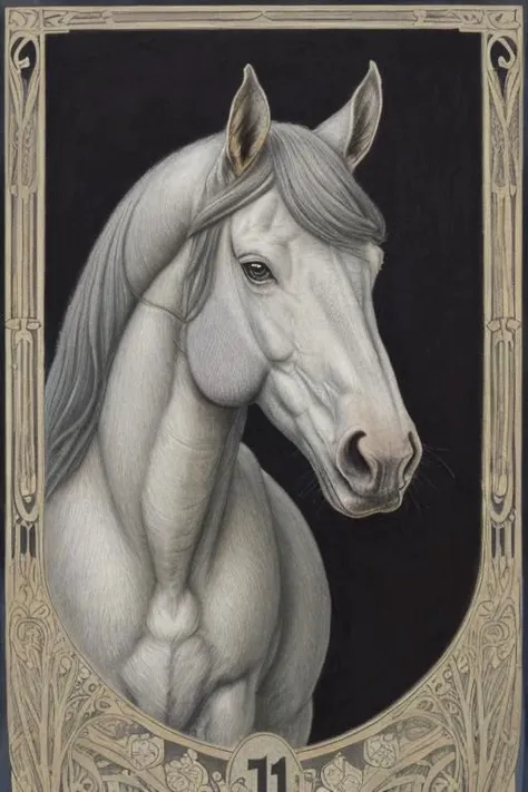 Art nouveau portrait of a grey horse with grey rabbit ears and a short black mane