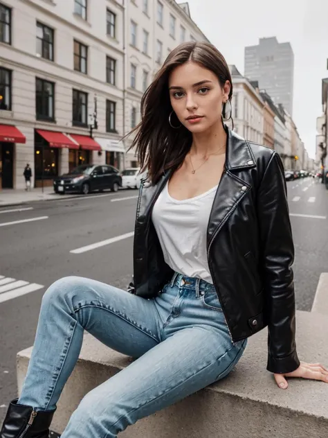 (8k,photoshoot,masterpiece,editorial:1.2),young adult european supermodel woman,perfect face,(urban chic),(style of Helmut Newton:1.2),(sleek black leather jacket),fitted,zipped front,subtle sheen,(classic blue jeans),slim-fit,light distressing,(modern city background),soft evening light,((casual yet edgy vibe)),(minimalist accessories),silver hoop earrings,black ankle boots,cleavage,