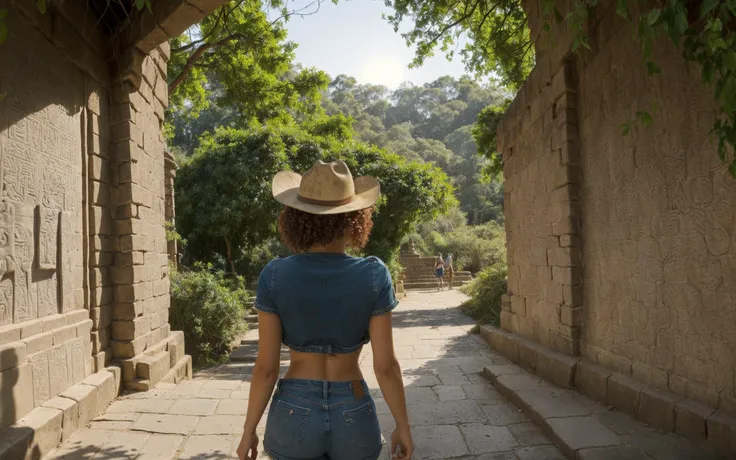 (cinematic still, wide angle, cowboy shot, from behind ass focus 1girl young woman at temple touching inscription on temple wall:2),full body wide angle cinematic shot,(in front of entrance to ancient temple),(tan, 24 years old, perfect round butt (fit, slender, skinny waist, athletic:1.1), white crop top, young french woman, fashionista:1.2),(brown hair, medium length, curly:1.3),vintage leather satchel,fedora,(style of Charles Vess:1.1),denim shorts,clipboard,pencil,vines growing up wall,snake,insects,look of sudden excitement and discovery,dense jungle,exotic birds,ancient civilization's secrets,golden hour glow,soft sunlight filtering through the leaves,lush jungle backdrop with vibrant green foliage