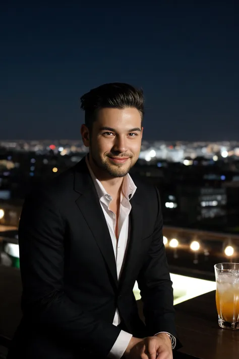 City nightlife, man with a sharp undercut, confident smirk, black blazer, rooftop bar, city lights shimmer, cocktail in hand.