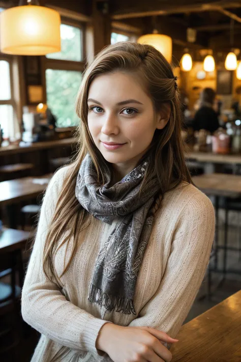 Bohemian spirit, woman with braided auburn hair, reflective mood, patterned scarf, rustic coffee shop, warm wooden interiors, golden hour lighting.