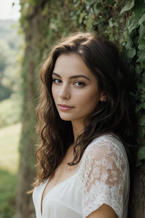 Rustic elegance, woman with long curly brunette hair, thoughtful gaze, lace top, countryside bistro, vine-covered walls, dappled sunlight.