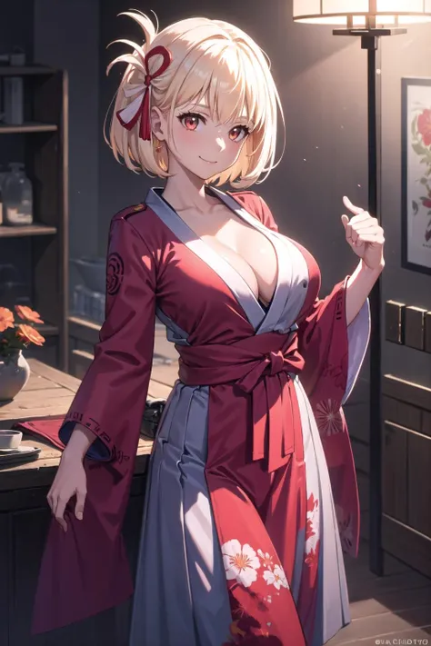 (highly detailed:1.3),
1girl, solo, light smile,
<lora:wrenchlyrchisato:1>, lyrchisato, red kimono, obi, large breasts, cleavage, (open clothes:1.2), flower print,
Ultra-detail, (highres:1.1), best quality, (masterpiece:1.3), cinematic lighting,