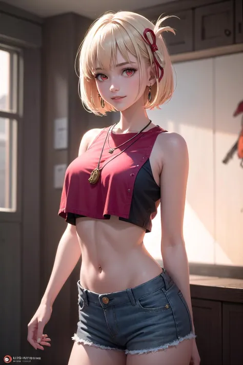(highly detailed:1.3),
1girl, solo, light smile,
<lora:wrenchlyrchisato:0.9>, lyrchisato, red eyes, short shorts, sleeveless shirt, midriff, earrings, necklace, hair ornament, cowboy shot,
Ultra-detail, (highres:1.1), best quality, (masterpiece:1.3), cinematic lighting,